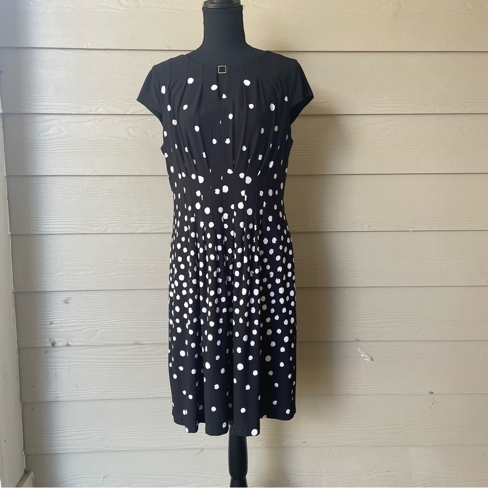 Tahari ASL Black and White Dotted Midi Dress